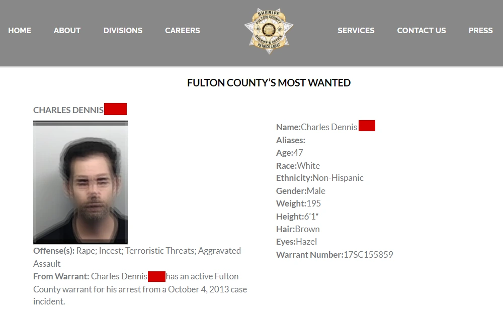 A screenshot of the Fulton County's Most Wanted list provides detailed descriptive information about the individual along with their photo.