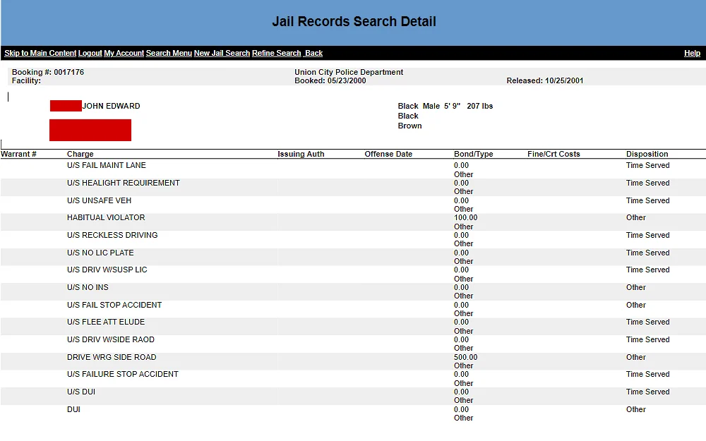 A screenshot of the Jail Records Search Detail information from the Fulton County Sheriff’s Office Online Inmate Search Tool, where the user can obtain arrest documentation including issuing authority, offense date, bond, fine, court costs, and disposition.