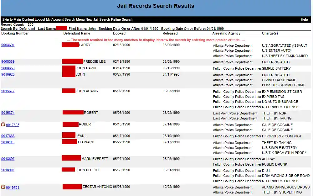 A screenshot of the jail search results from the Fulton County Sheriff’s Office Online Inmate Search Tool, where the user can obtain arrest documentation.