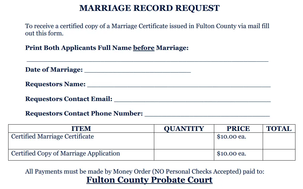 A screenshot of the form that can be used to request marriage documentation in Fulton County, Georgia from the local probate court.