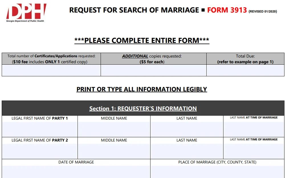 A screenshot of the form from the Georgia Department of Public Health that can be used to request a search of marriage.