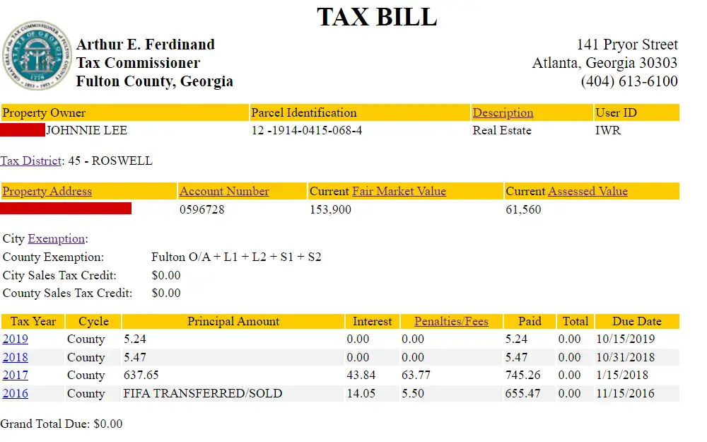 A screenshot of the property tax bill search tool that can be used to get current tax bill information.