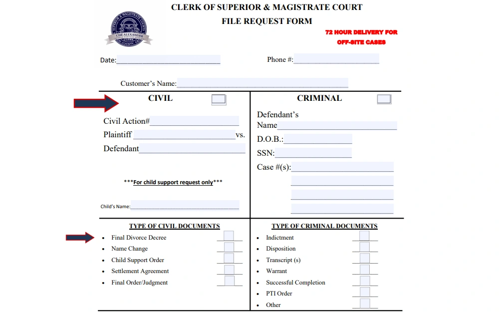 A screenshot of the Fulton County Clerk of Superior & Magistrate Courts file request form, emphasizing the fields for civil document request and final dissolution document option using arrows.