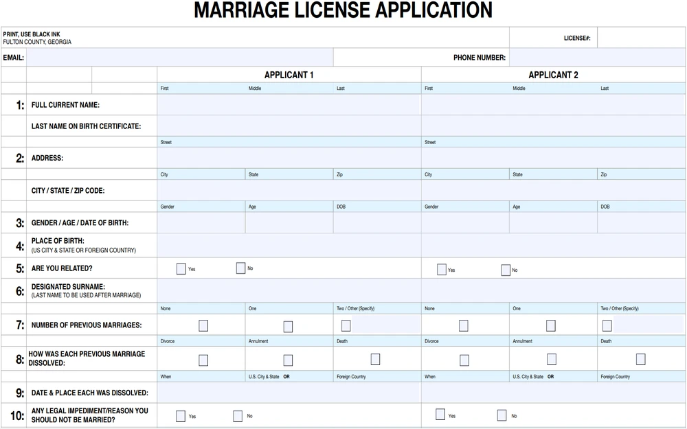 A screenshot of an application form for a marriage license, with sections for personal details, addresses, birth information, relationship status, surname after marriage, number of previous marriages, dissolution of previous marriages, and any legal impediments to marriage for two applicants.