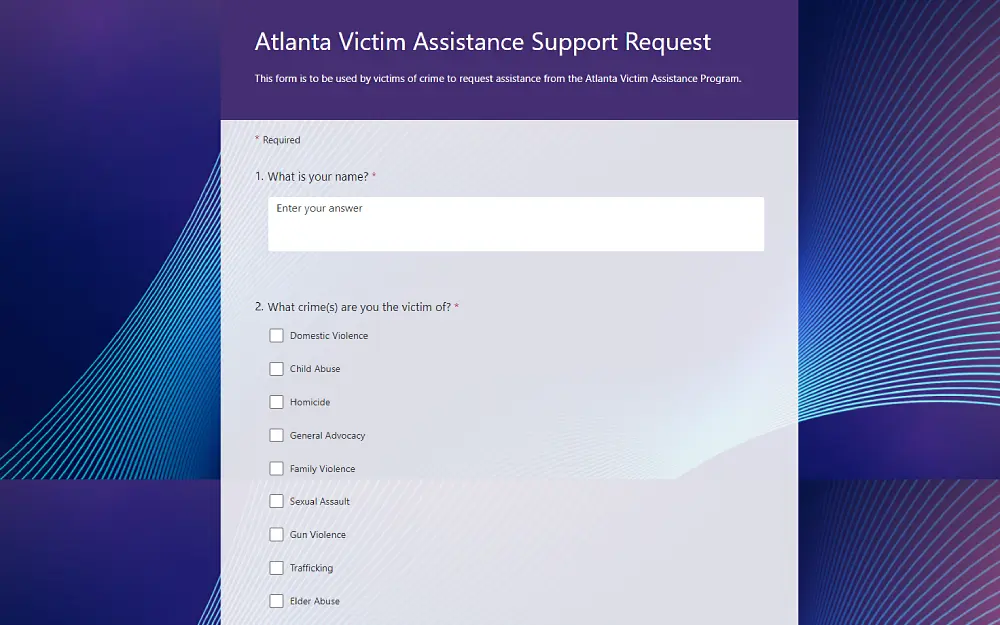 A screenshot showing an Atlanta victim assistance support request form requires filling out information such as name, phone number, email address, and categories to select, such as the crimes the applicant is a victim of and the best way to contact the applicant.