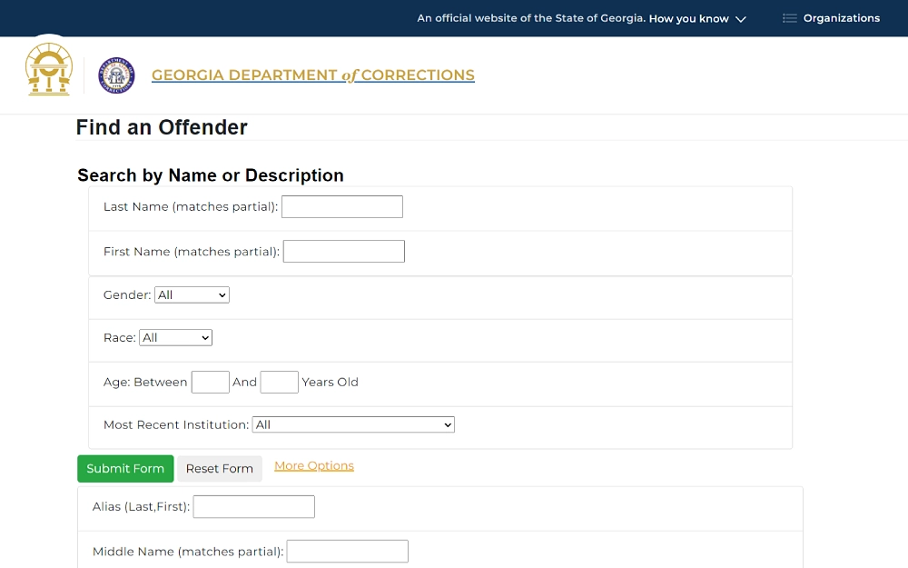 A screenshot displaying a find an offender search by name or description with search filters including last and first name, race, gender, age range, most recent institution, alias first and last name and middle name that matches the partial name and others.