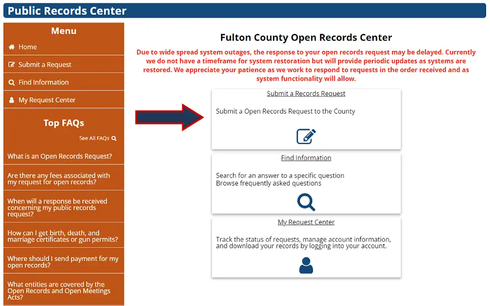 A screenshot showing an open records center from the Fulton County Government website displays options to submit a records request to the county, find information, search for an answer to a specific question and track the status of requests in my request center.