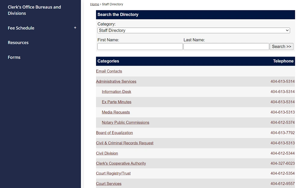 A screenshot displaying a search of the directory showing a dropdown box and a chart for the categories with details of the telephone numbers and a search option by first or last name from the Fulton County Clerk of Superior and Magistrate Courts website.