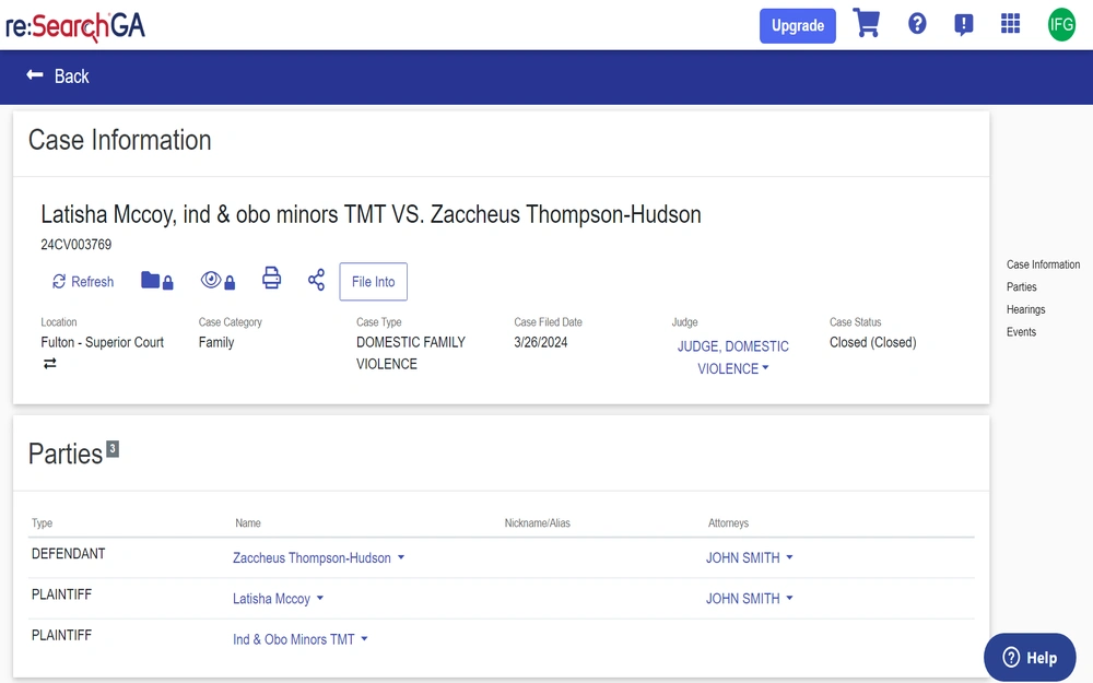 A screenshot from the re:SearchGA legal database, displaying details of a closed family court case in Fulton Superior Court, with parties' names listed and an indication of the case category related to family matters.