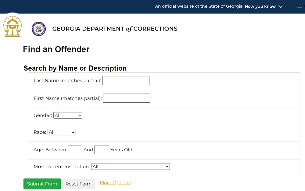 A screenshot showing a find an offender to search by entering a name or description such as partial first and last name, gender, race, age duration, and most recent institution.