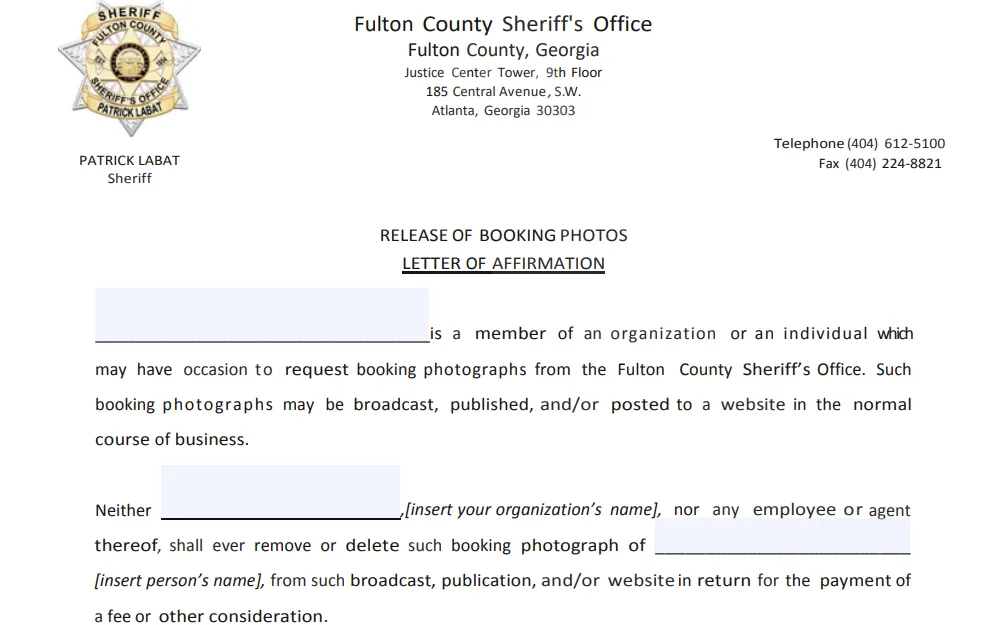 A screenshot of a letter of affirmation of the release of booking photos to be submitted to the Fulton County Sheriff's Office if an interested individual wanted to request a copy of a mugshot of an inmate.