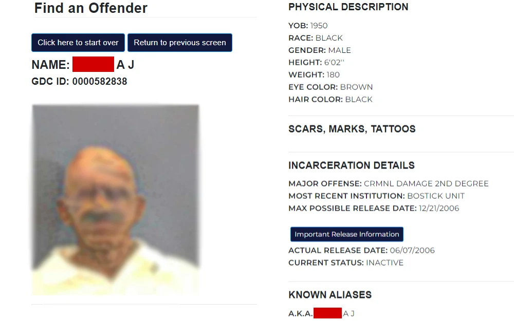 A screenshot of the Georgia Department of Corrections' sample offender search result details, showing an inmate's mugshot, name, aliases, GDC ID, physical description, incarceration details, important release information, etc.