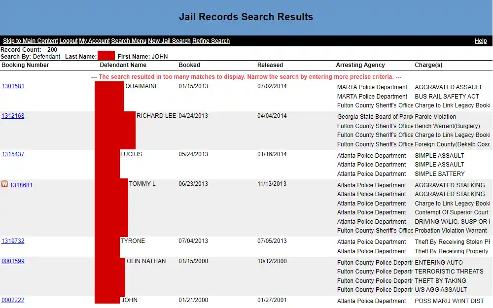 A screenshot of a sample jail records search result provided by the Fulton County Sheriff's Office showing each defendant's booking number, name, booking and release dates, arresting agency, and charges.