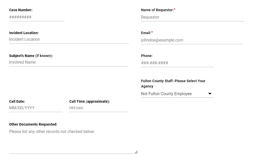 A screenshot of a sample information asked by the Alpharetta Department of Public Safety and other police departments if a record request will be done, and these records include the case number, name of the requestor, incident location, email, subject's name, phone number, call date and time, other documents requested, etc.